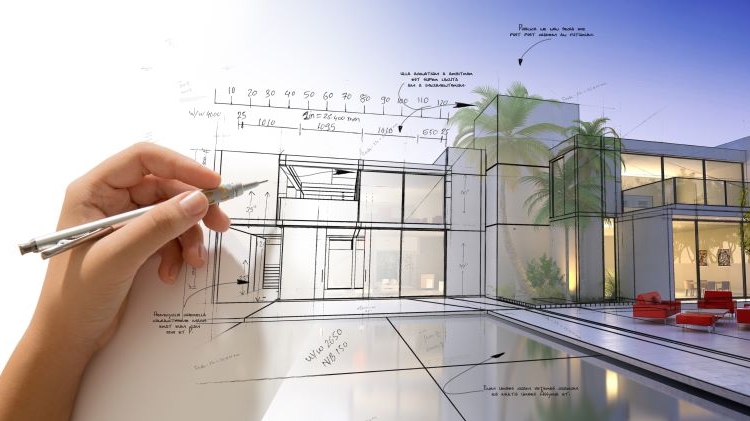 Hand sketching a building elevation transitioning into a rendered architectural view