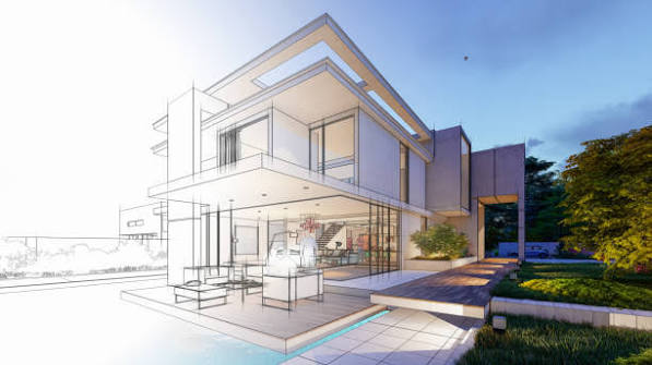 Architectural rendering of a modern residence transitioning from sketch to finished build