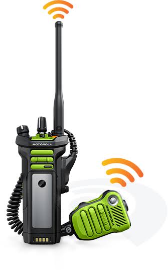 Motorola public-safety portable radio with remote speaker microphone
