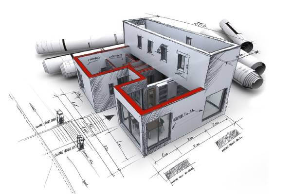 3D CAD model of a building sitting on top of rolled construction blueprints