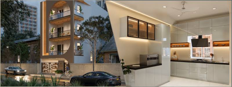 Architectural renderings of a residential building exterior and interior kitchen