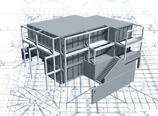 Structural 3D model of a multi-story building overlaid on engineering drawings